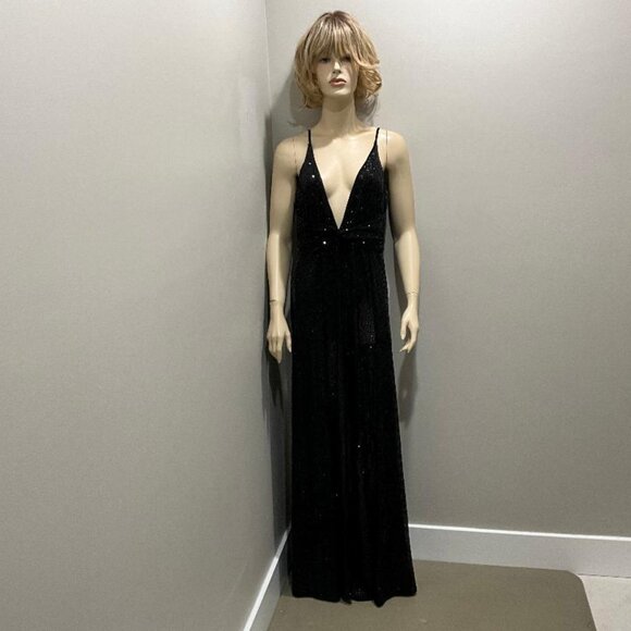LUXXEL Black Sequin gown, high-slit & sexy deep v-neck front & back NWOT  sz S - Picture 1 of 11